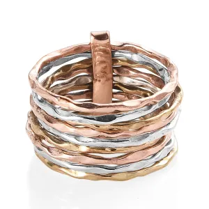 PHNX 3 Tone Hammered Statement Stackable chunky Band Rings For Women SIlver Copper Brass Ring Thin Band for Women, 9 Stacked Rings