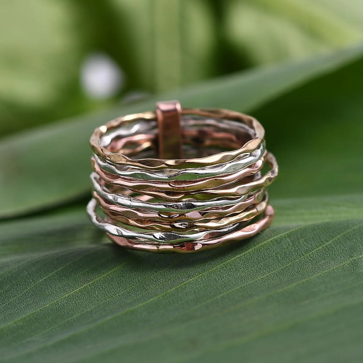 PHNX 3 Tone Hammered Statement Stackable chunky Band Rings For Women SIlver Copper Brass Ring Thin Band for Women, 9 Stacked Rings