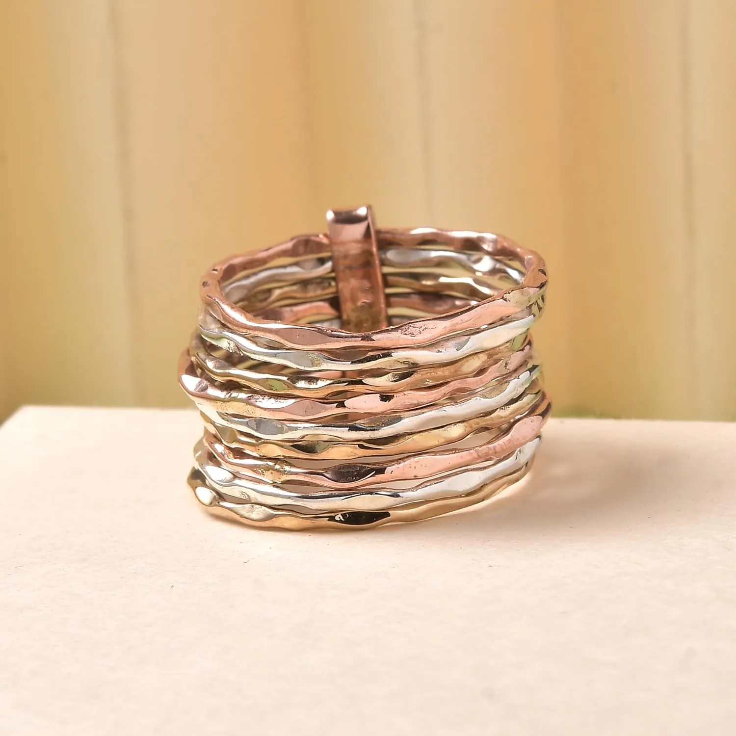 PHNX 3 Tone Hammered Statement Stackable chunky Band Rings For Women SIlver Copper Brass Ring Thin Band for Women, 9 Stacked Rings