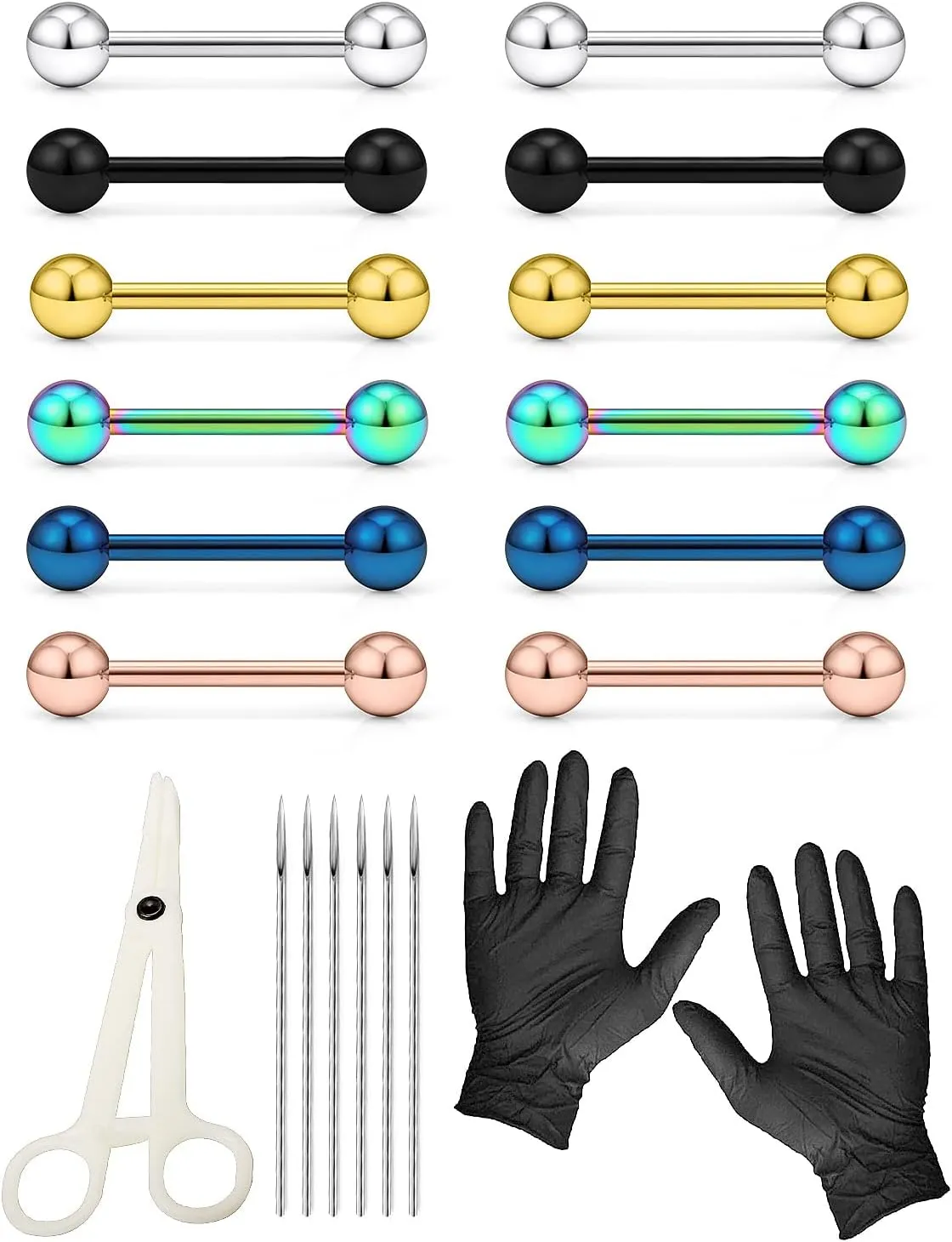 Piercing Kit 14G Nipple Rings Tongue Rings Surgical Stainless Steel Nipple/Tongue Piercing Jewelry kit 14 Gauge Piercing Needles Silver Black Rainbow Nipple ring tongue Ring For Women men