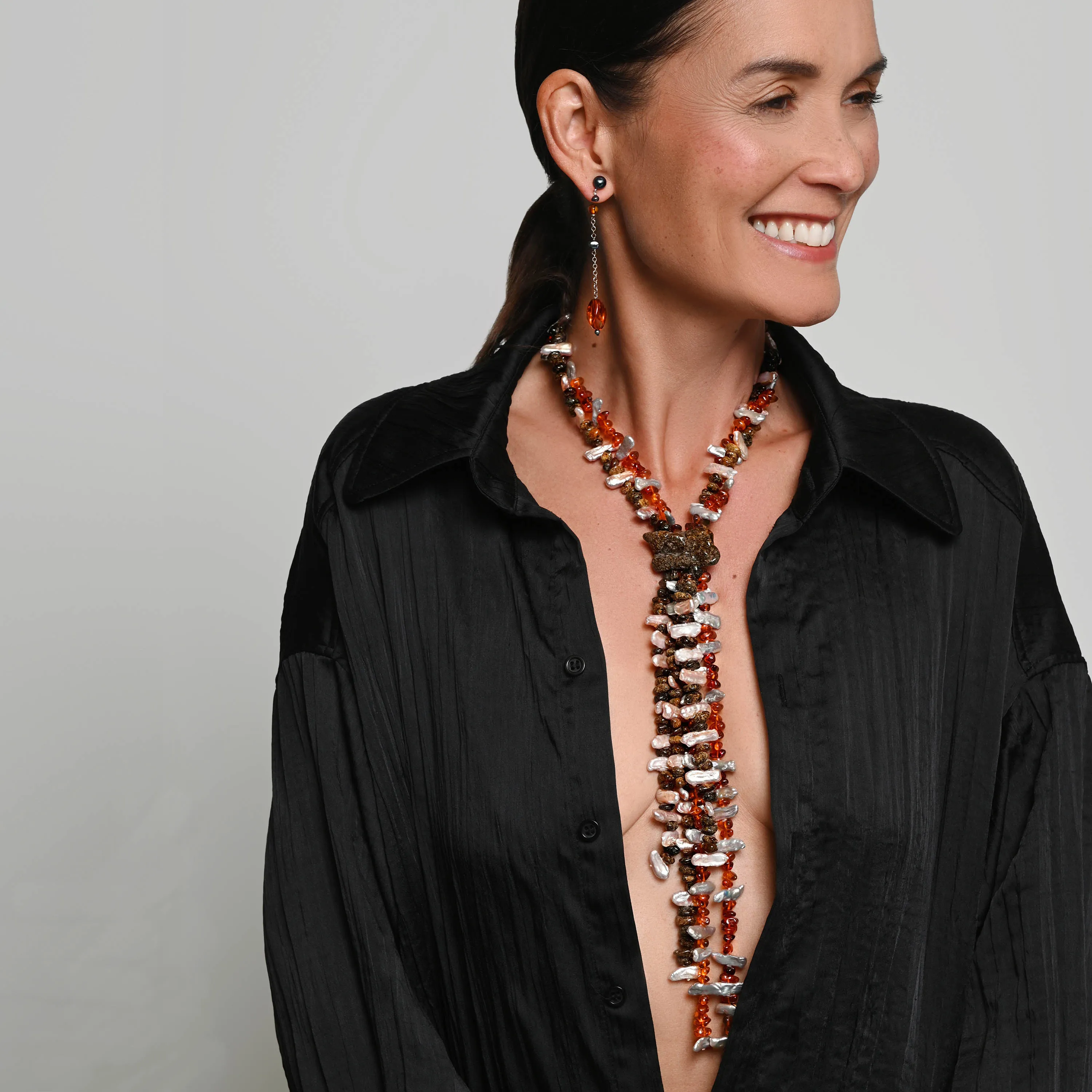 Pink & Grey Freshwater Pearls, Raw Amber 'Honey Drop' Tassel Necklace