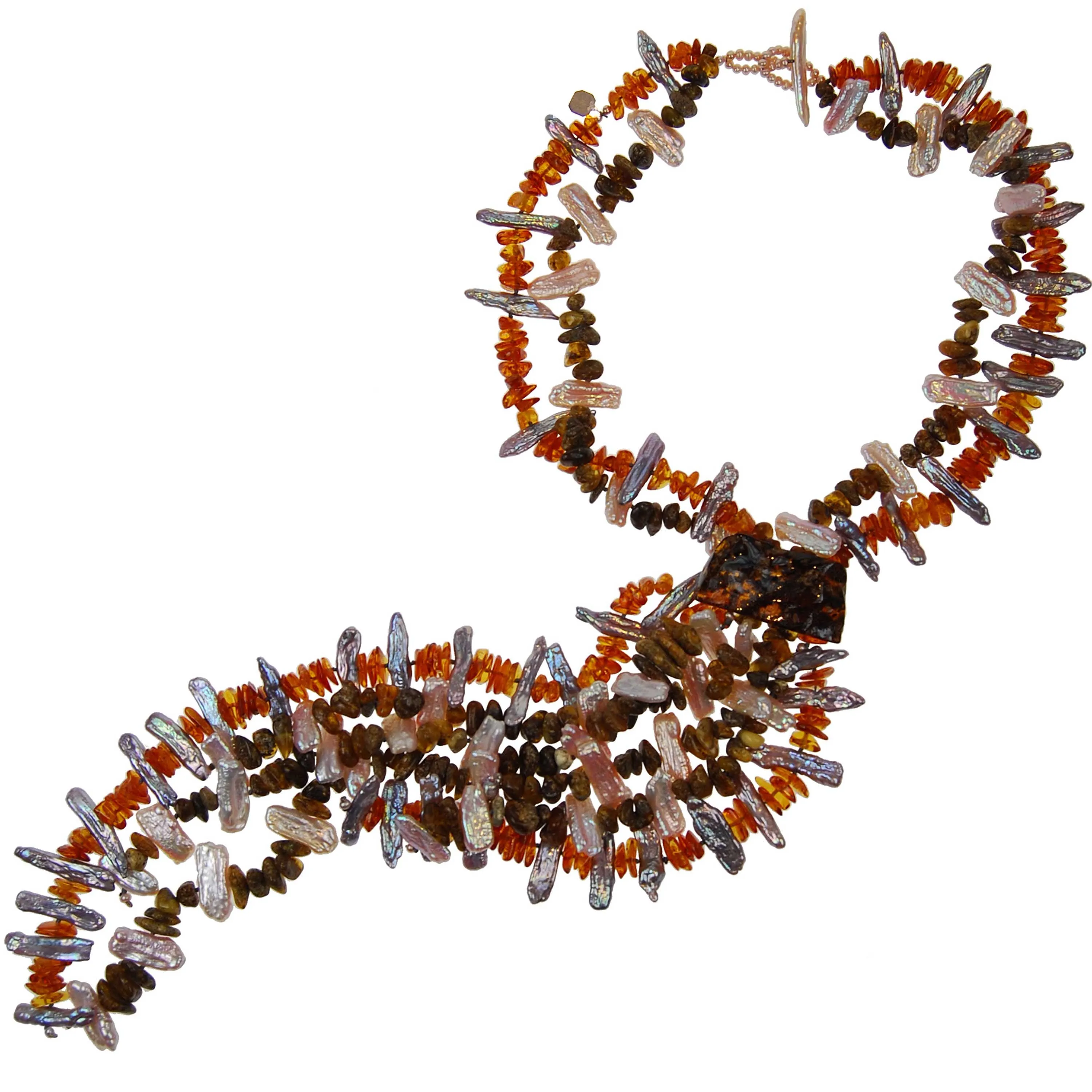 Pink & Grey Freshwater Pearls, Raw Amber 'Honey Drop' Tassel Necklace