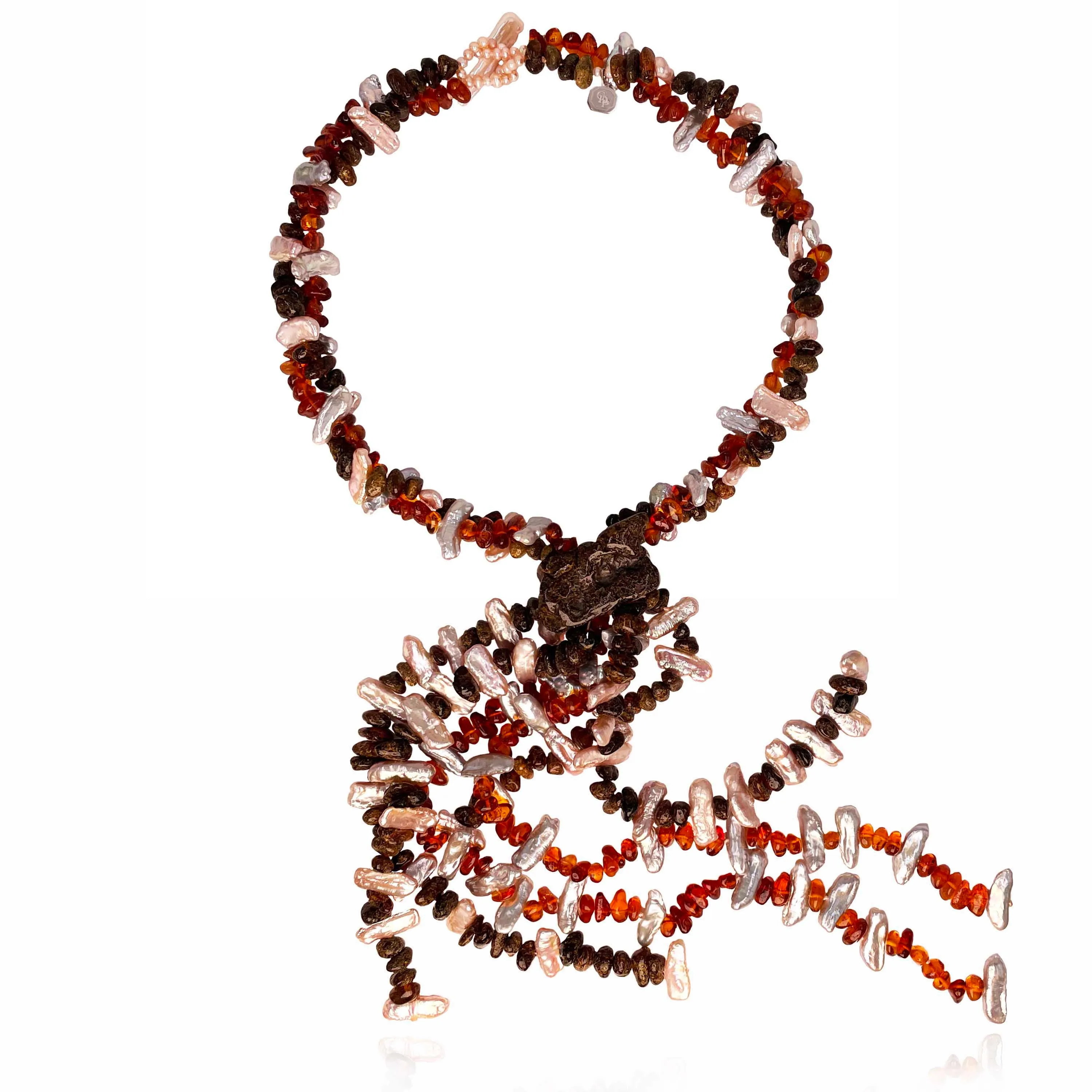Pink & Grey Freshwater Pearls, Raw Amber 'Honey Drop' Tassel Necklace