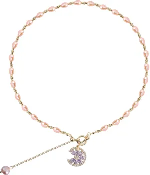 Pink Pearl Choker Necklace for Women Gold Plated Baroque Natural Freshwater Pearl Choker Necklace with Purple Flower Pendant Rhinestones Adjustable Beaded Necklace Wedding Brides Jewelry Gift for Women