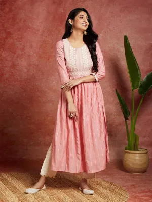Pink Yoke Design Silk A-Line Kurta
