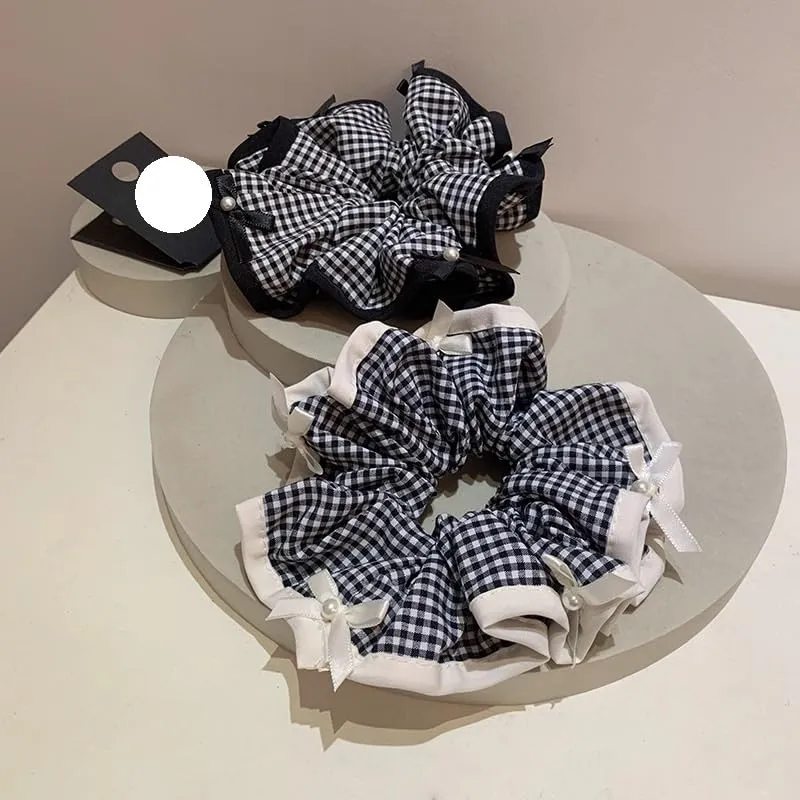 Plaid Pearl Bow Hair Circle Lace Edge Headband Stylish Hair Accessories For Women And Girls(White)