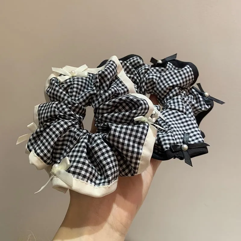 Plaid Pearl Bow Hair Circle Lace Edge Headband Stylish Hair Accessories For Women And Girls(White)