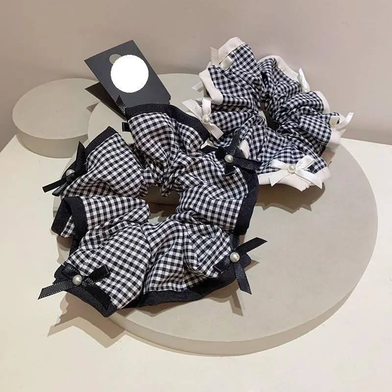 Plaid Pearl Bow Hair Circle Lace Edge Headband Stylish Hair Accessories For Women And Girls(White)