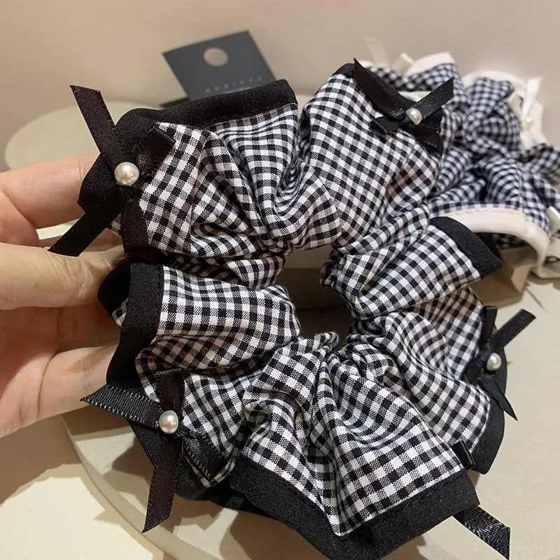 Plaid Pearl Bow Hair Circle Lace Edge Headband Stylish Hair Accessories For Women And Girls(White)