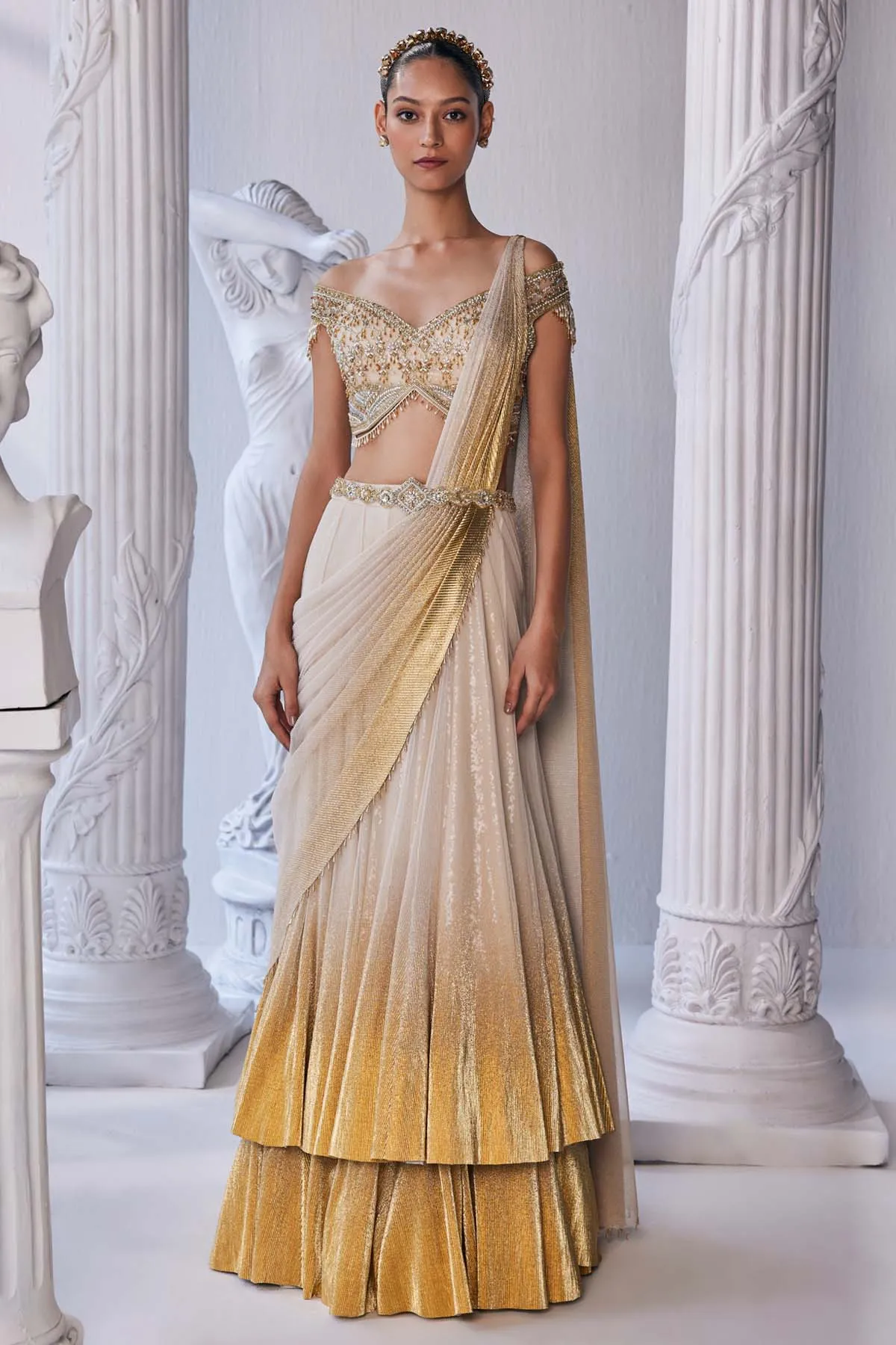 Pleated Foil Drape Lehenga Set