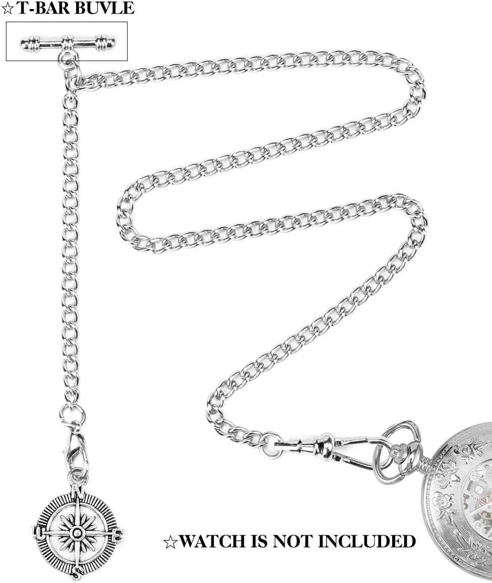 Pocket Watch Chain T-bar Chain Albert Chain with Compass Pendant