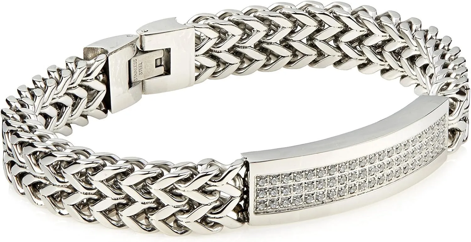 Polished Stainless Steel Double Franco Link 3 Row CZ Bracelet