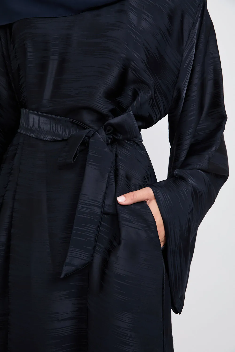 Premium Jacquard Closed Abaya with Pockets - Navy