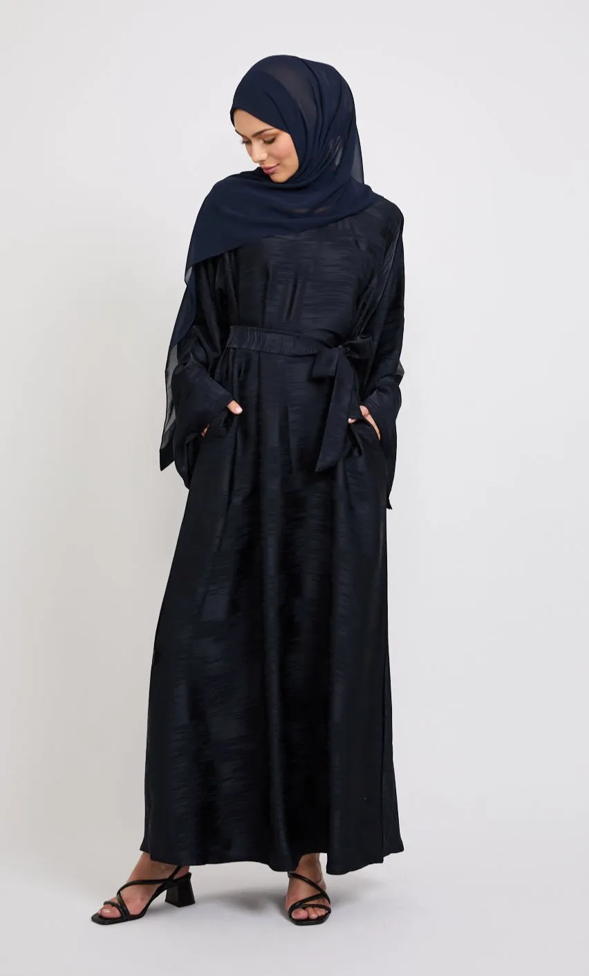 Premium Jacquard Closed Abaya with Pockets - Navy