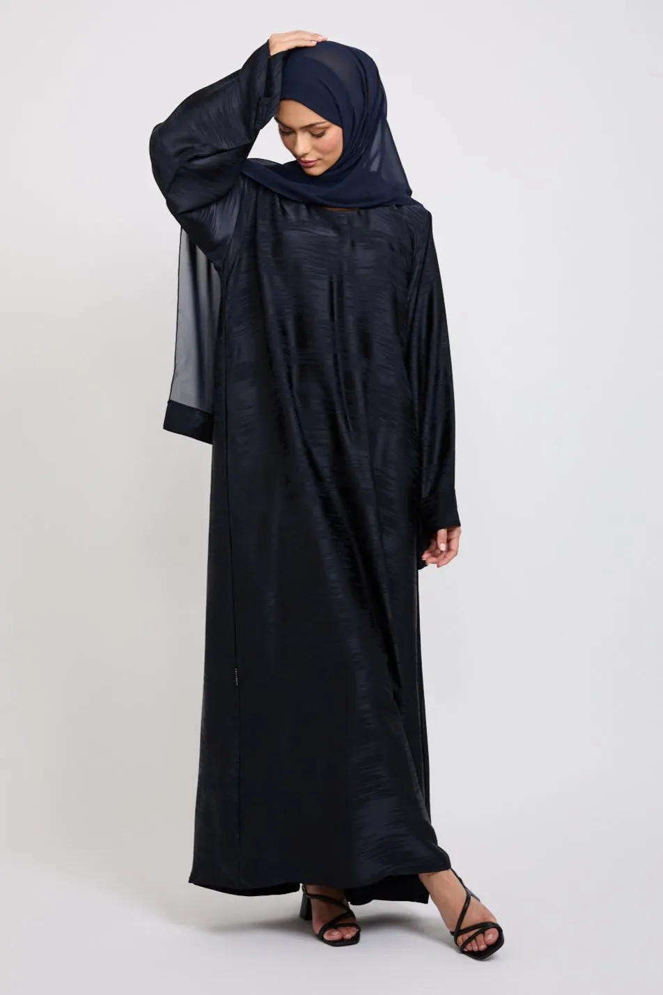 Premium Jacquard Closed Abaya with Pockets - Navy