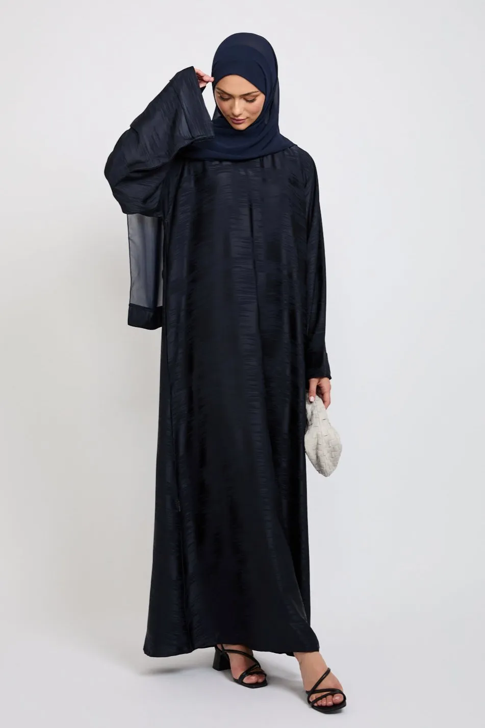 Premium Jacquard Closed Abaya with Pockets - Navy