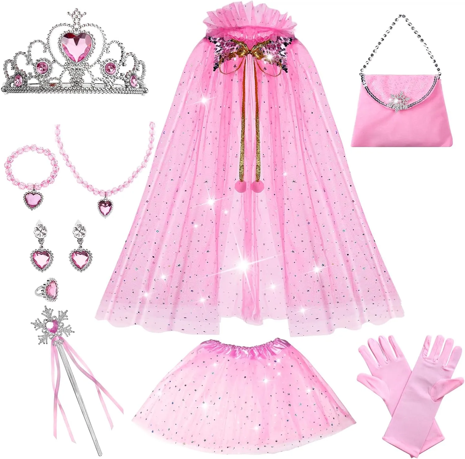 Princess Cape Set, 11Pcs Princess Dress up for 3 4 5 6 Year Old Girls Kids Dress up Clothes Jewelry Kit Birthday Christmas Halloween Party Gifts