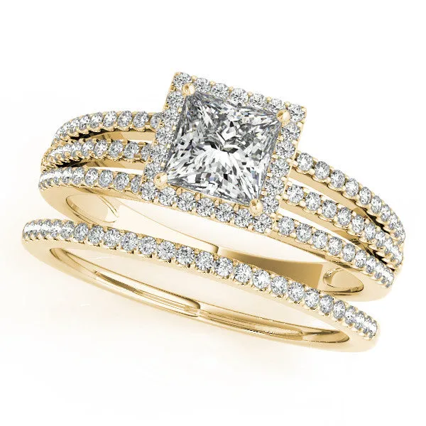 Princess Cut Wedding Set Diamond Halo Engagement Ring  and Wedding Band - Rain
