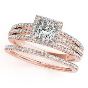 Princess Cut Wedding Set Diamond Halo Engagement Ring  and Wedding Band - Rain