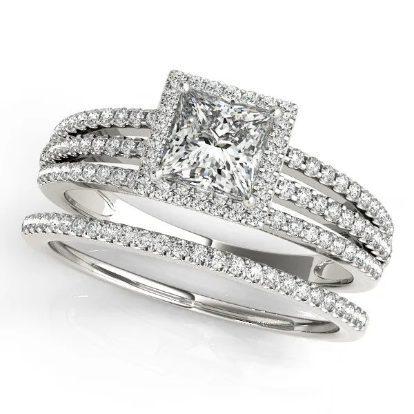 Princess Cut Wedding Set Diamond Halo Engagement Ring  and Wedding Band - Rain