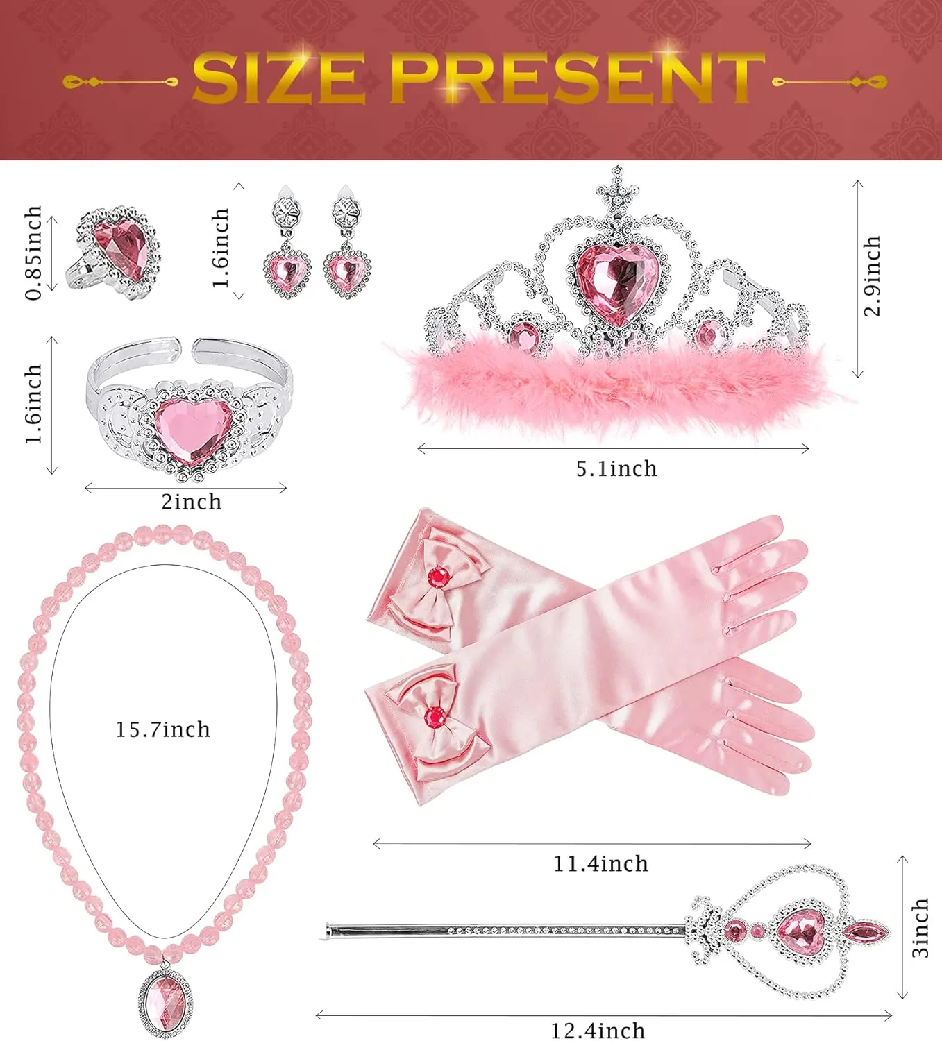 Princess Dress Up Accessories Princess Gloves, BIBUTY 7pcs Dress Up Set for Toddler Girls with Princess Crown, Wand, Gloves, Necklace, Earrings, Bracelet and Ring, Costume Toys for 3-6 yr Little Girls