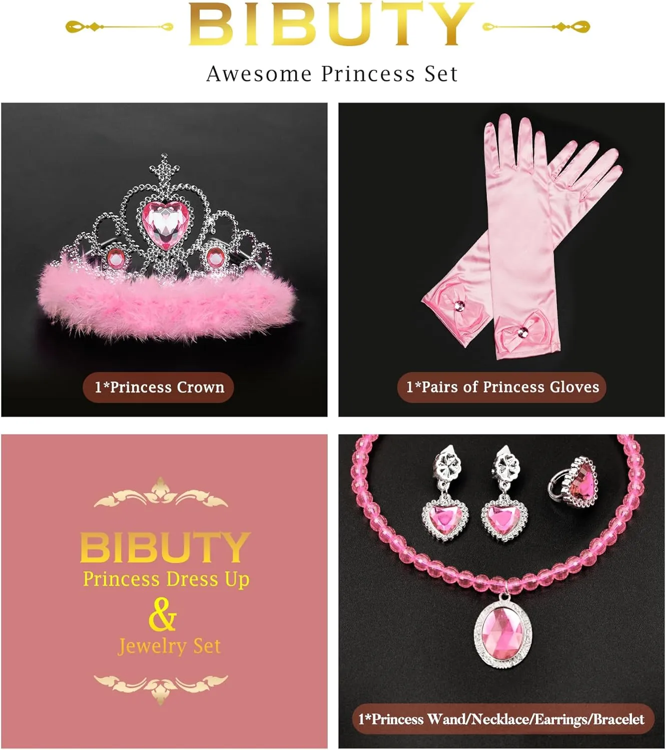 Princess Dress Up Accessories Princess Gloves, BIBUTY 7pcs Dress Up Set for Toddler Girls with Princess Crown, Wand, Gloves, Necklace, Earrings, Bracelet and Ring, Costume Toys for 3-6 yr Little Girls