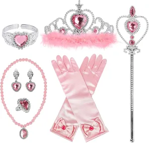 Princess Dress Up Accessories Princess Gloves, BIBUTY 7pcs Dress Up Set for Toddler Girls with Princess Crown, Wand, Gloves, Necklace, Earrings, Bracelet and Ring, Costume Toys for 3-6 yr Little Girls