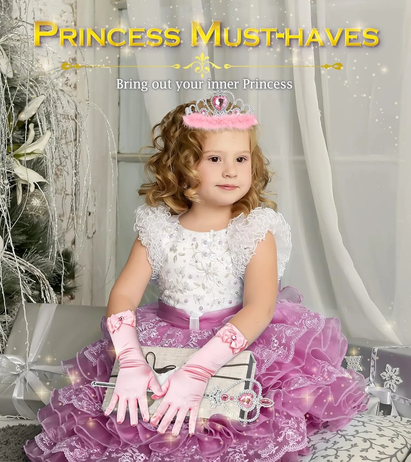 Princess Dress Up Accessories Princess Gloves, BIBUTY 7pcs Dress Up Set for Toddler Girls with Princess Crown, Wand, Gloves, Necklace, Earrings, Bracelet and Ring, Costume Toys for 3-6 yr Little Girls