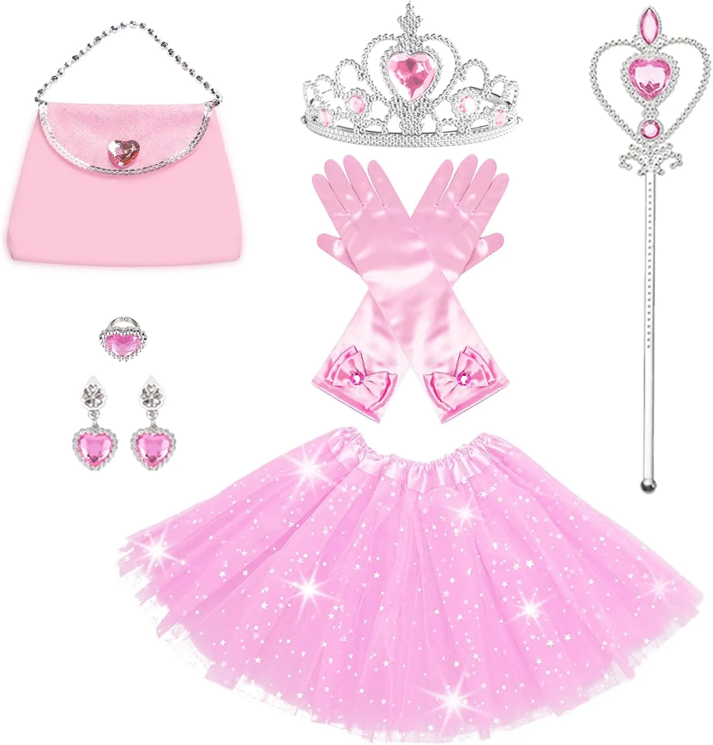 Princess Dress Up Accessories Tulle Skirt Toddler Tutu Costume Toys with Princess Crown Gloves Wand Earrings Ring Handbag 9pcs Girl Role Play Gift Set Birthday Party Favors for 3-8 Years Girls