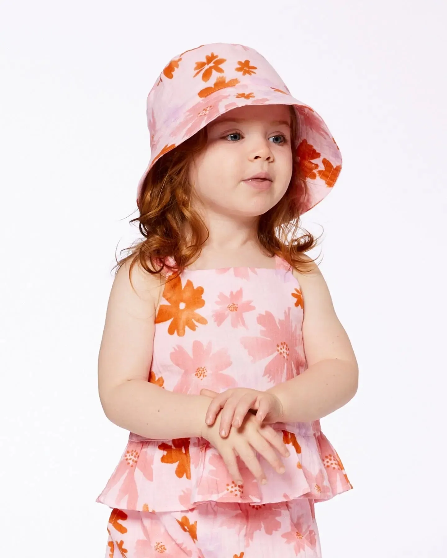 Printed Muslin Bucket Hat Pink And Coral Flowers