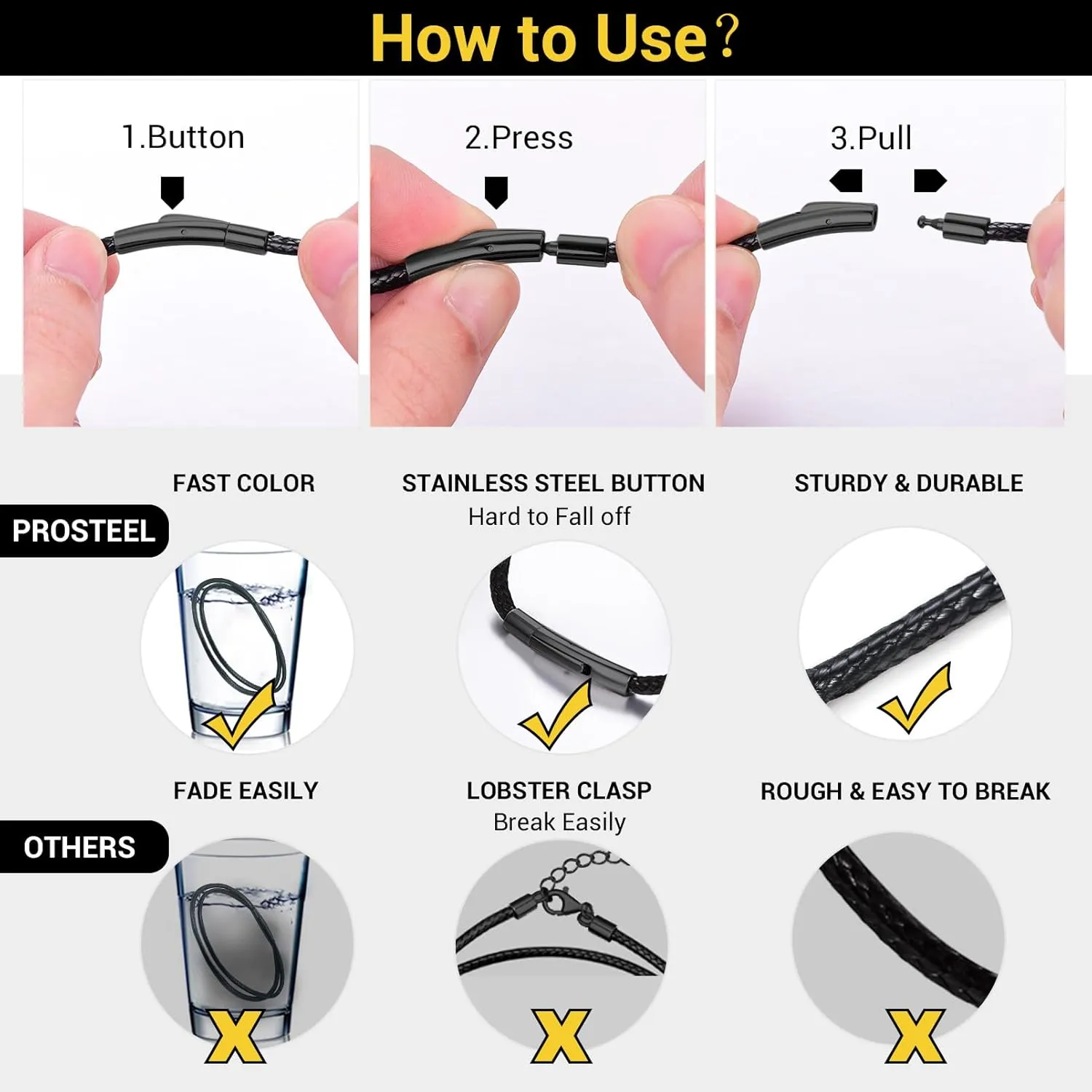 PROSTEEL Waterproof Leather Necklace Cord for Men, 2MM/3MM, 16”-30”, with Stainless Steel Clasp, DIY Chain for Pendant, Come with Box