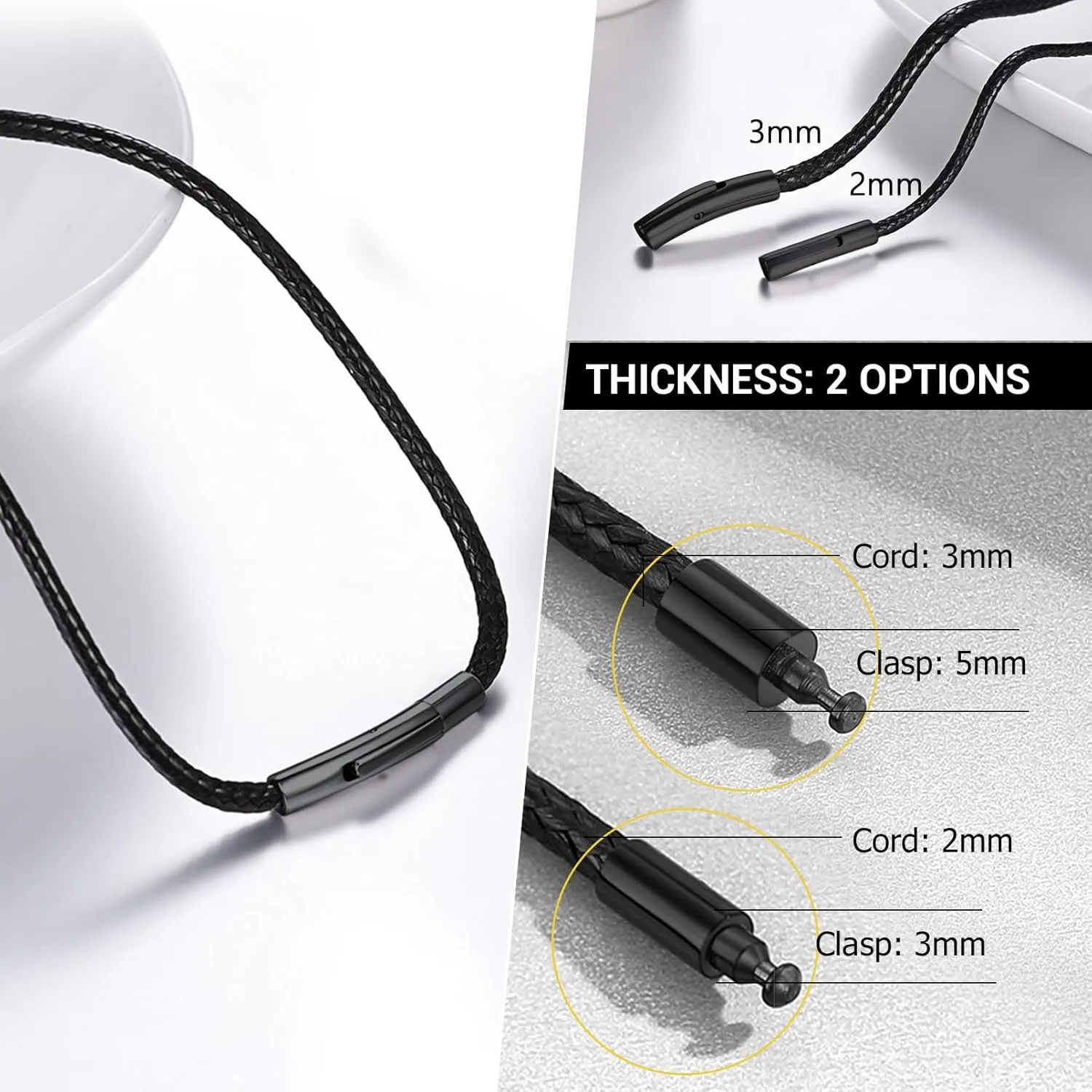 PROSTEEL Waterproof Leather Necklace Cord for Men, 2MM/3MM, 16”-30”, with Stainless Steel Clasp, DIY Chain for Pendant, Come with Box