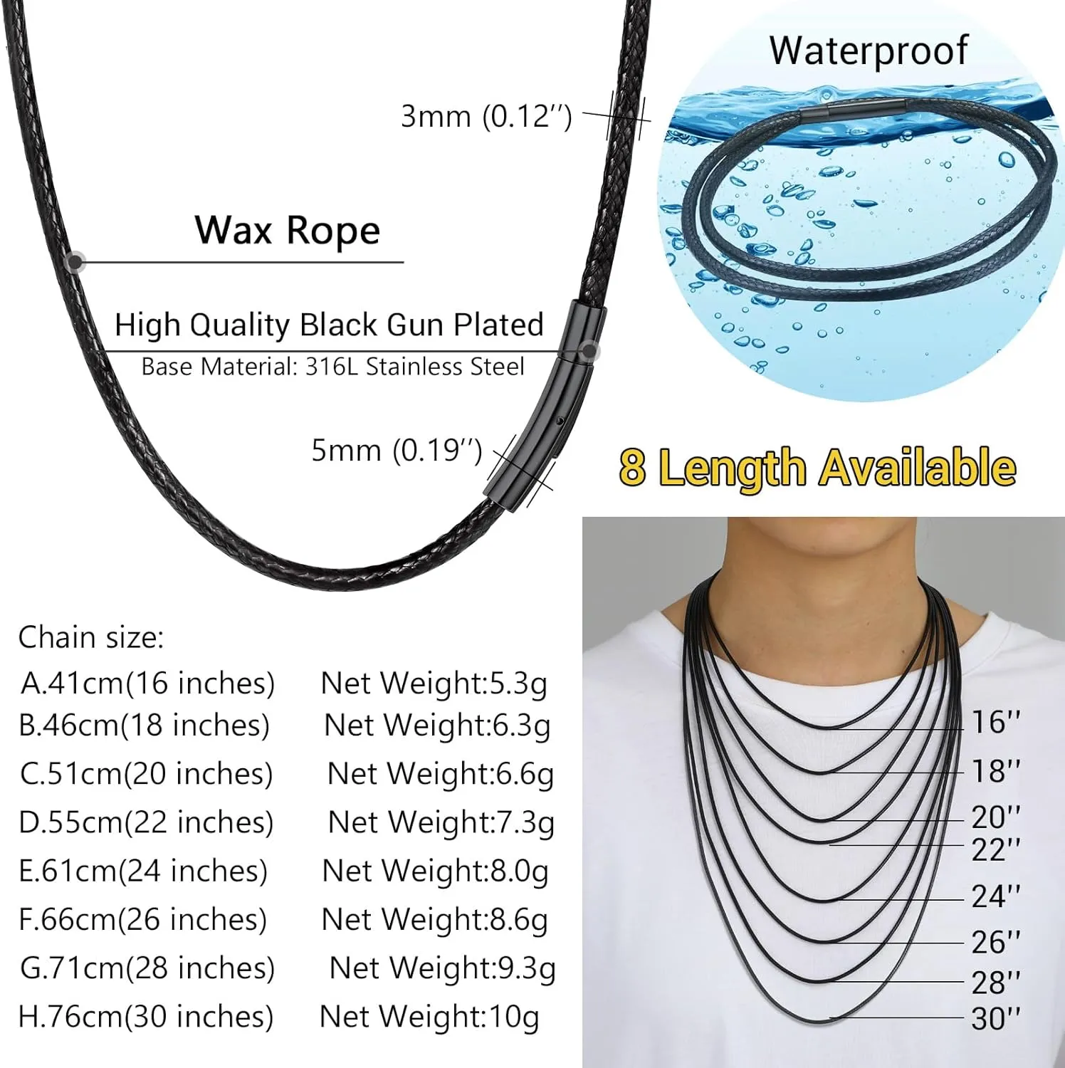 PROSTEEL Waterproof Leather Necklace Cord for Men, 2MM/3MM, 16”-30”, with Stainless Steel Clasp, DIY Chain for Pendant, Come with Box