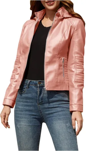 PU Faux Leather Jacket for Women Vintage Lapel Zipper Motorcycle Crop Bomber Jacket with Pockets Moto Biker Short Coat