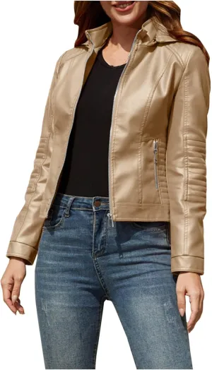 PU Faux Leather Jacket for Women Vintage Lapel Zipper Motorcycle Crop Bomber Jacket with Pockets Moto Biker Short Coat
