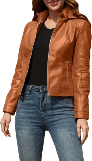 PU Faux Leather Jacket for Women Vintage Lapel Zipper Motorcycle Crop Bomber Jacket with Pockets Moto Biker Short Coat