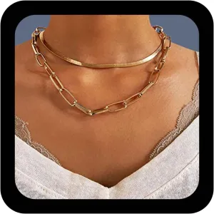 Punk Layered Paperclip Chain Necklace Gold Herringbone Chain Necklace Snake Chain Necklace Choker Flat Chunky Collar Chain Necklace Jewelry