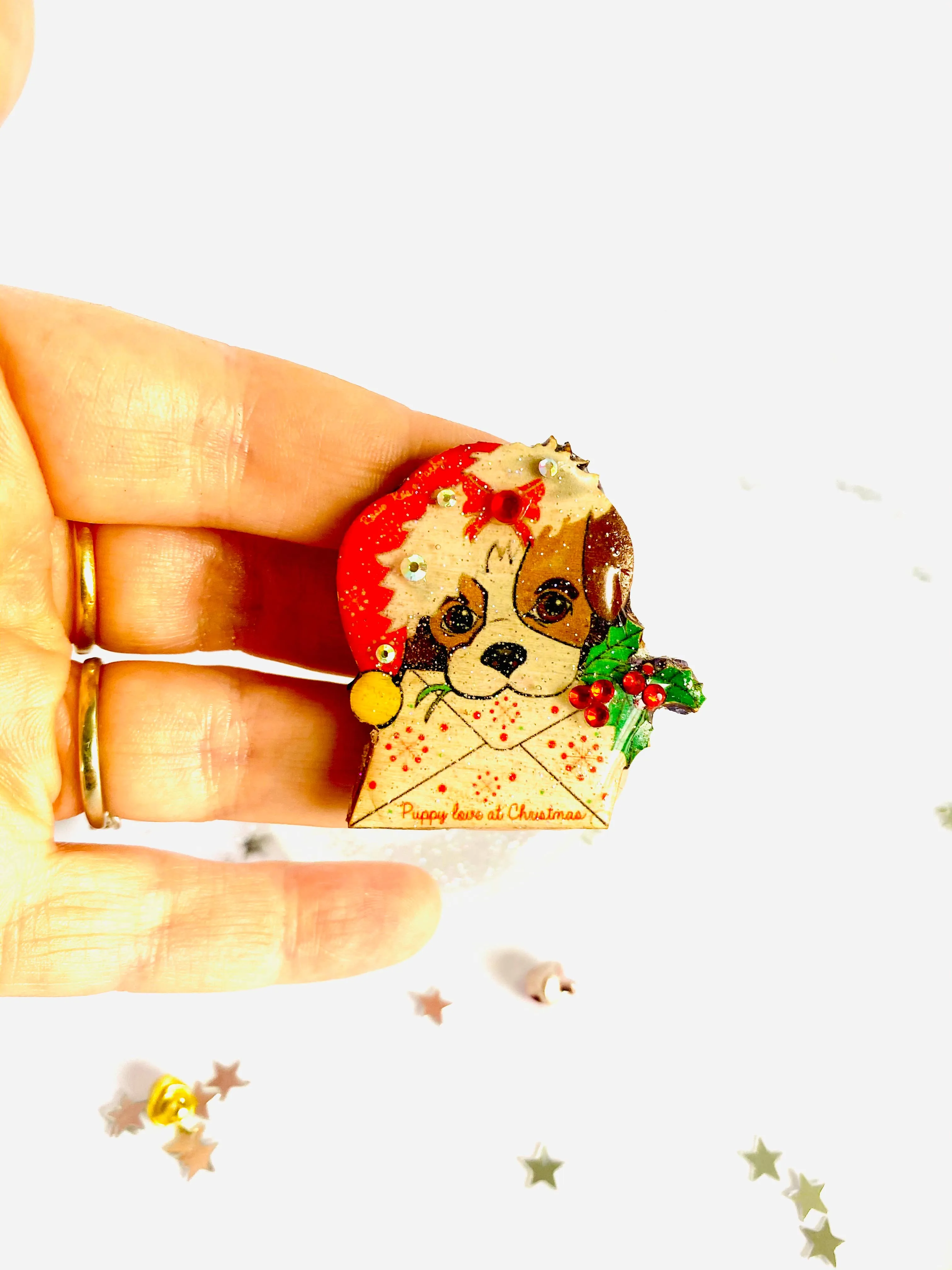 Puppy love at Xmas Brooch by Rosie Rose Parker