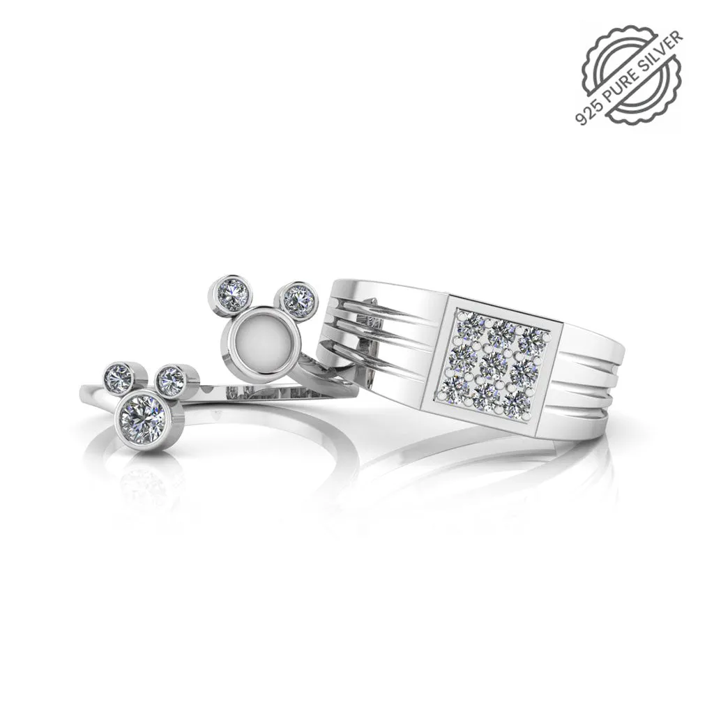 Pure 925 Silver Cluster Cute Mickey Enamel Couples Ring