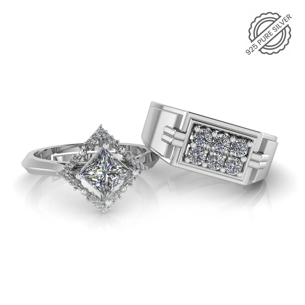 Pure 925 Silver Princess Cluster Hip Hop Couple's Ring