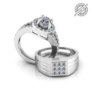 Pure 925 Silver Special Cluster Bride Boom Facet Couples Ring