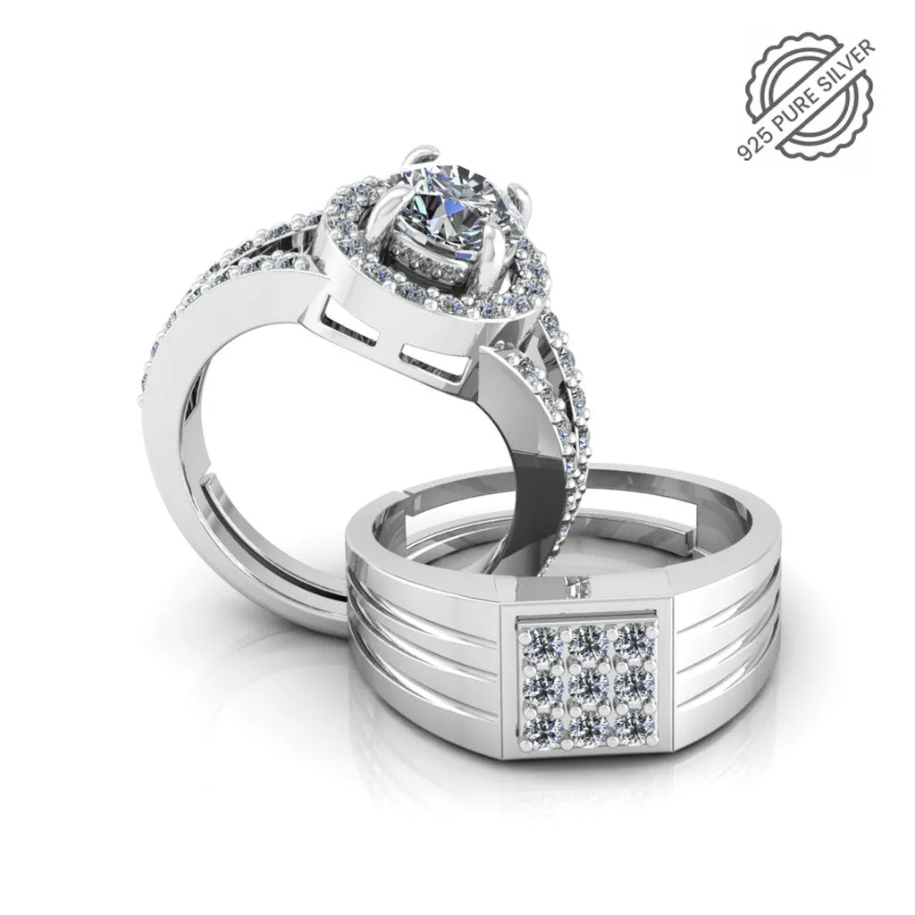 Pure 925 Silver Special Cluster Bride Boom Facet Couples Ring