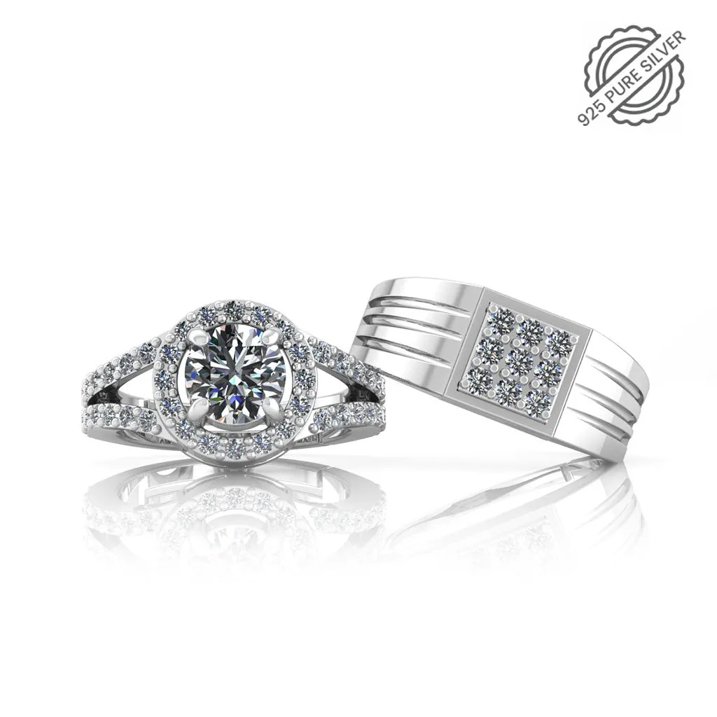 Pure 925 Silver Special Cluster Bride Boom Facet Couples Ring