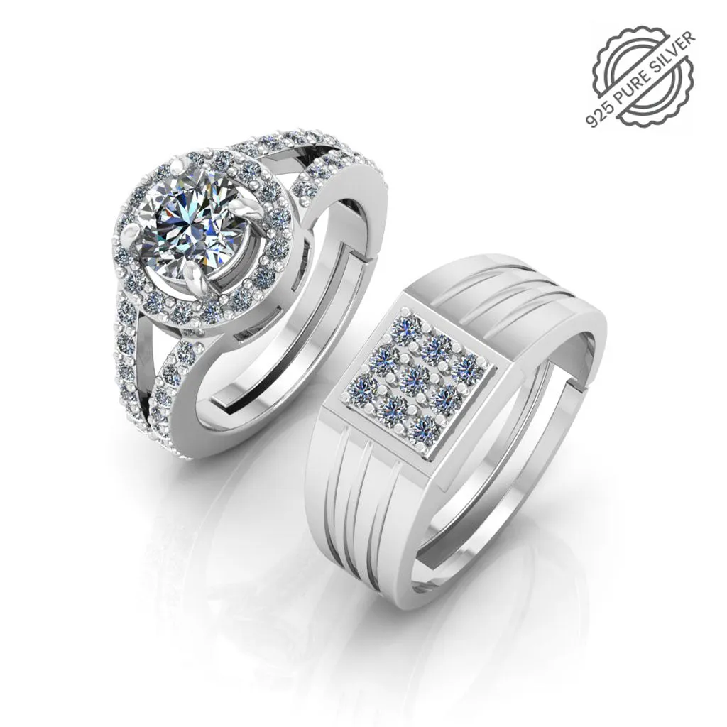 Pure 925 Silver Special Cluster Bride Boom Facet Couples Ring