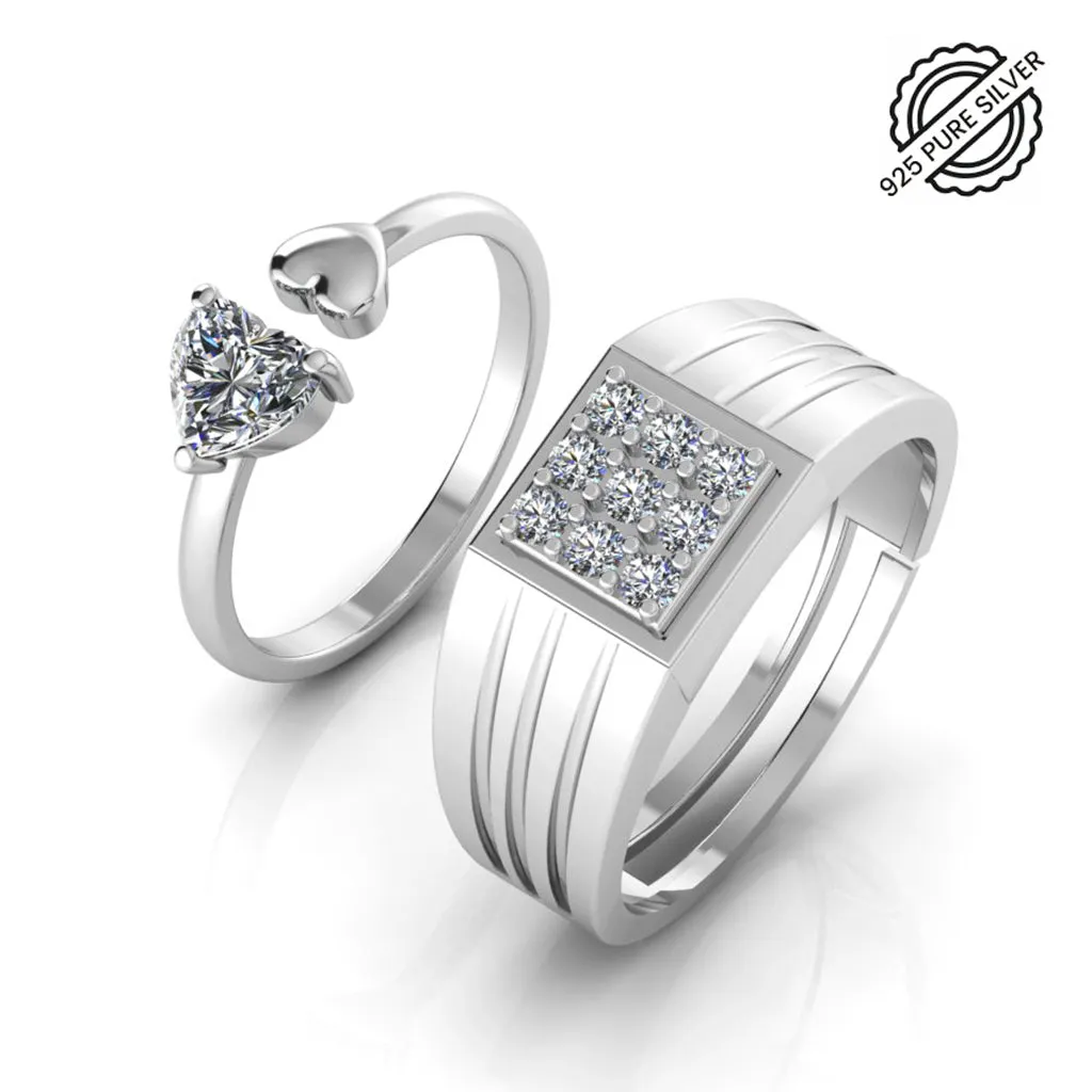 Pure 925 Silver Special Cluster Double Heart Couple's Ring