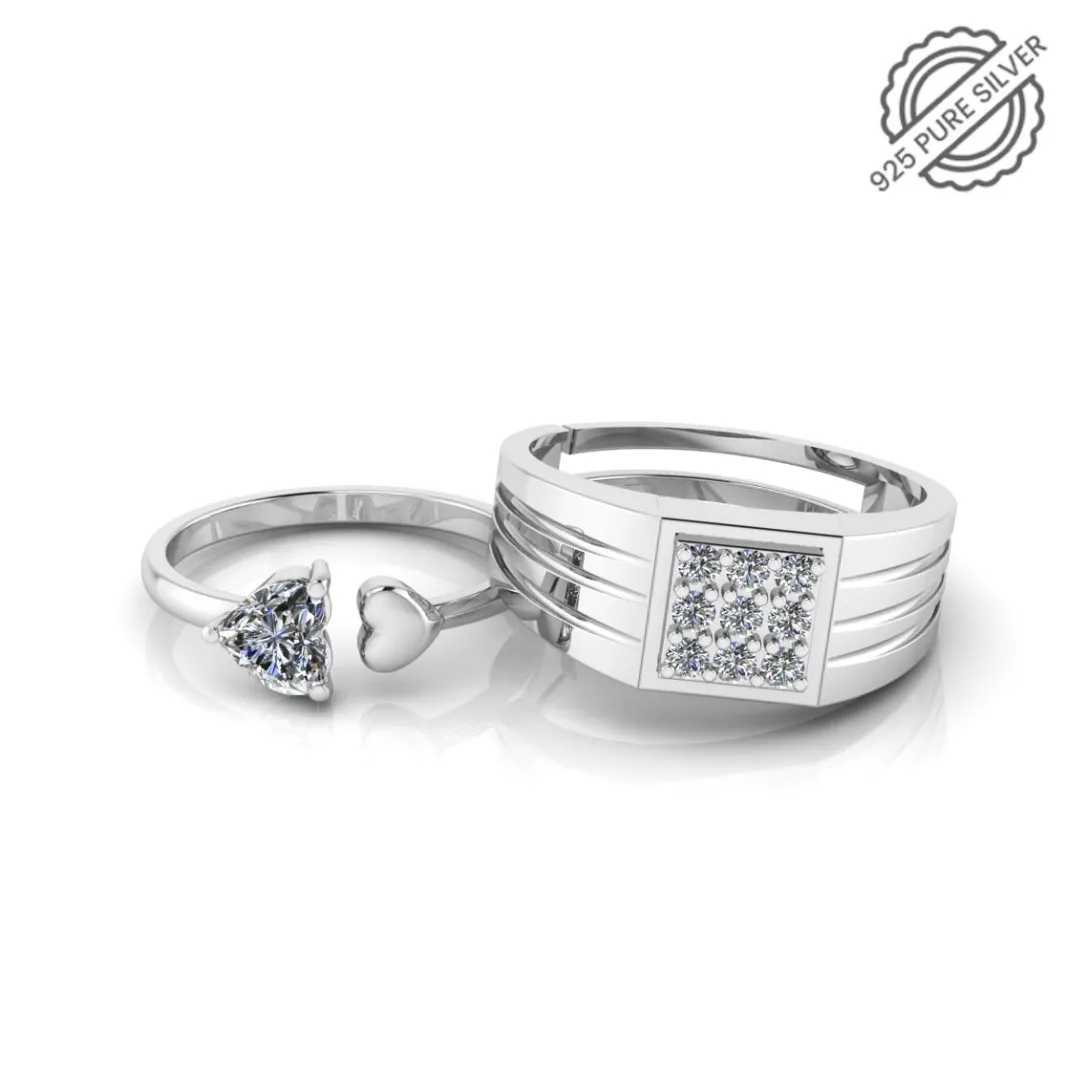 Pure 925 Silver Special Cluster Double Heart Couple's Ring