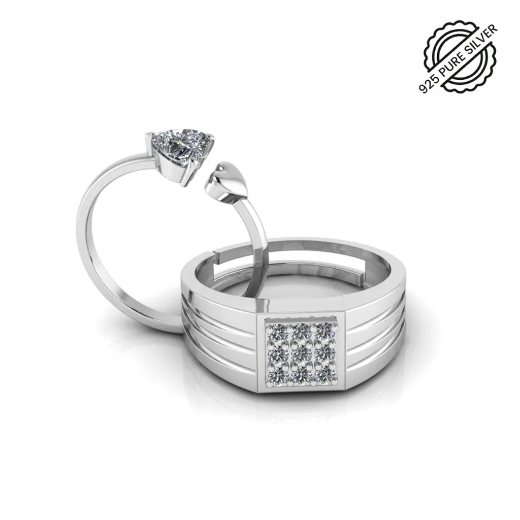 Pure 925 Silver Special Cluster Double Heart Couple's Ring