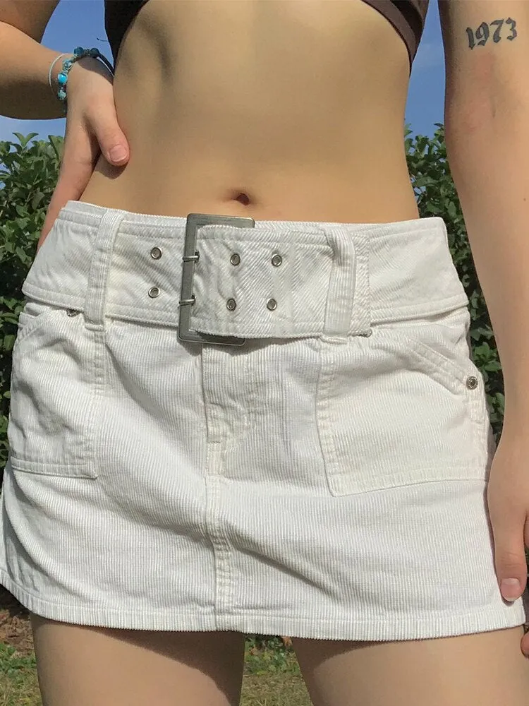 Purpdrank - White Corduroy Cargo Skirt with Sashes High-waisted Straight Casual Streetwear Korean Fashion Bottoms Pockets Clothes