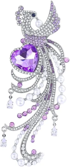Purple Crystal Rhinestone Pearl Animal Shape Brooch Pins for Women Fashion Sliver Large Phoenix Bird Shape Brooches Jewelry for Suit Dress
