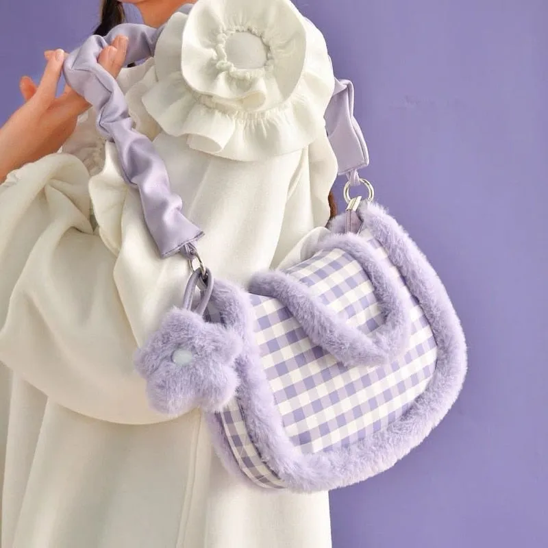 Purple Plush Plaid Handbag